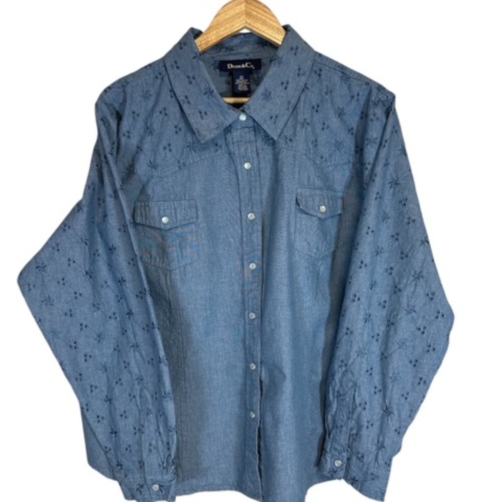 Denim & Company Long Sleeve Denim Shirt with Embroidered Eyelet Details Size 2XL